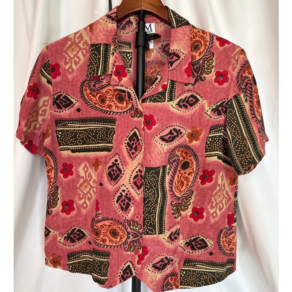 Vintage 90s Patchwork Rayon Camp Collar Blouse Boho Grandmacore Petite S